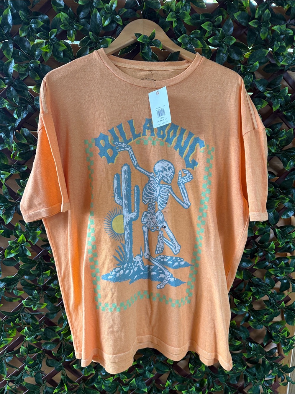 NWT Billabong Orange Graphic Skeleton Tee with Teal Accents
